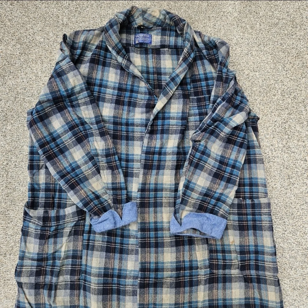 Vintage 60s Pendleton Made In USA Blue Tartan Plaid Virgin Wool Robe Mens Large